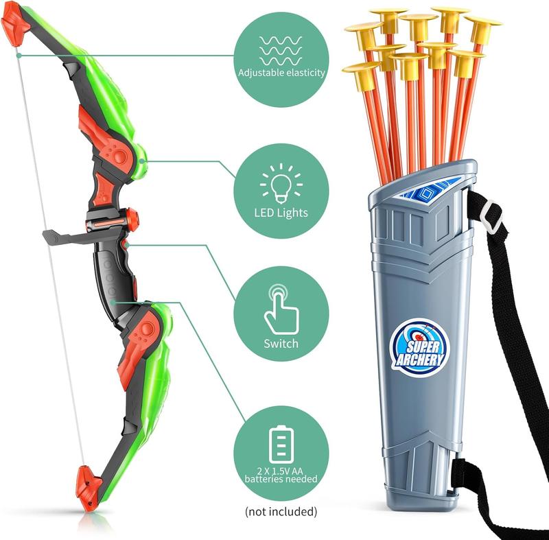 LED Light-Up Archery Toy with 10 Suction Cup Arrows, Target & Quiver for Kids - Outdoor & Indoor Toys for Boys & Girls Ages 5+