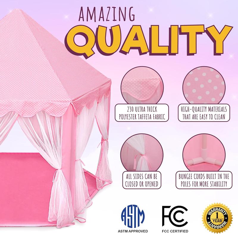 LED Star Lights Princess Castle Playhouse Tent for Girls - Indoor & Outdoor Large Kids Play Tent for Imaginative Games - Pink