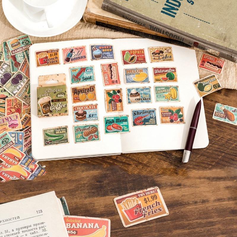 Vintage Food Pattern Sticker, 45pcs box Retro Department Store Label Series Daily Food Handmade Decoration Material Paste, DIY Decorative Sticker