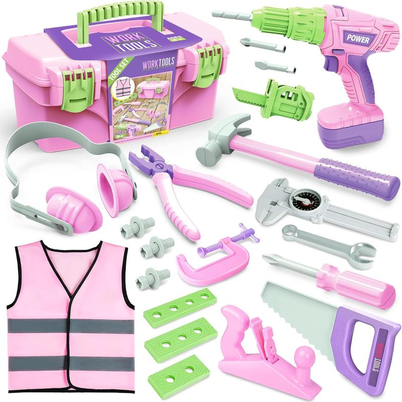 Kids Tool Set with Electric Toy Drill & Pink Tool Box – Power Construction Pretend Play Kit for Girls & Boys Ages 3+