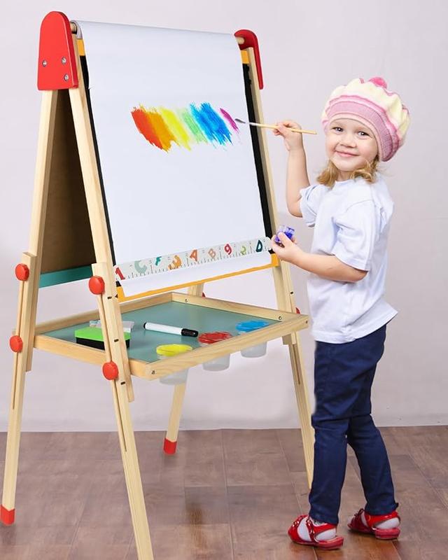 aiwo Art Easel for Kids Ages 3-12, Wooden Magnetic Chalkboard &Whiteboard,Height Adjustable Toddler Painting Easel, Gift and Art Supplies for Toddlers