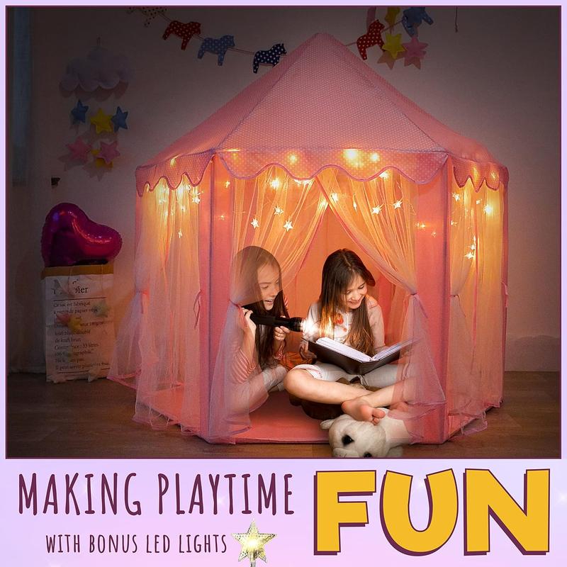 LED Star Lights Princess Castle Playhouse Tent for Girls - Indoor & Outdoor Large Kids Play Tent for Imaginative Games - Pink