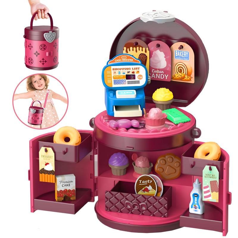 Pretend Play Set with Fashion Bag, Multiple scenarios for Kids exploring, Kitchen, Shopping, Beauty, Pet care, Travel Set and Dessert Shop