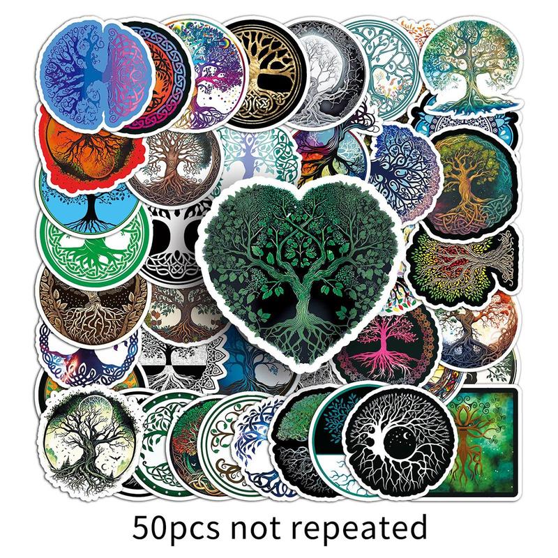 50pcs Tree Of Life Pattern Sticker, Waterproof Scrapbooking & Journal Making Material Sticker, DIY Decorative Sticker For Stationery Computer Water Bottle Phone, Christmas Gift