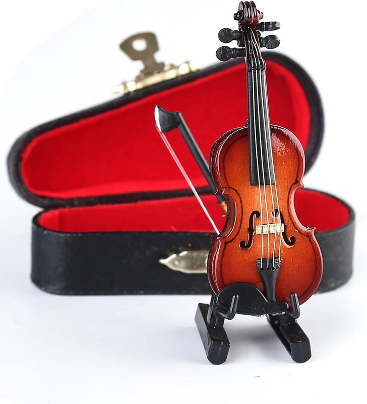 Wooden Miniature Violin with Stand Bow and Case Mini Musical Instrument Miniature Dollhouse Model Home Decoration (3.15