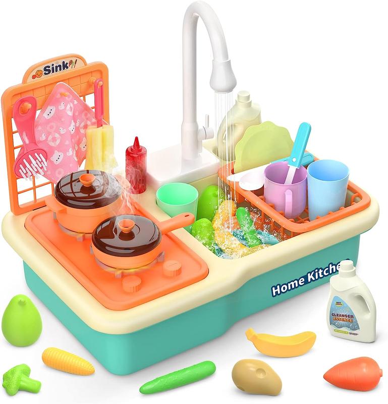 CUTE STONE Play Sink with Running Water, Kitchen Sink with Upgraded Electric Faucet, Play Kitchen , Realistic play food set learning cookingset