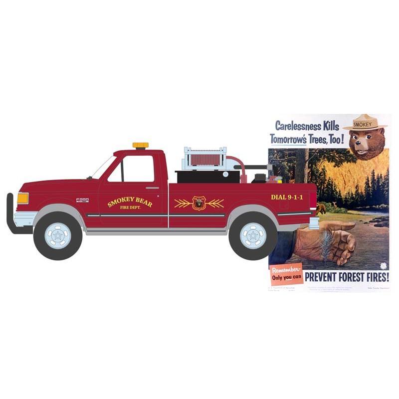 1990 Ford F-250 w  Fire Equipment, Hose and Tank (Smokey Bear Series 3) Diecast 1:64 Scale Model - Greenlight 38060E