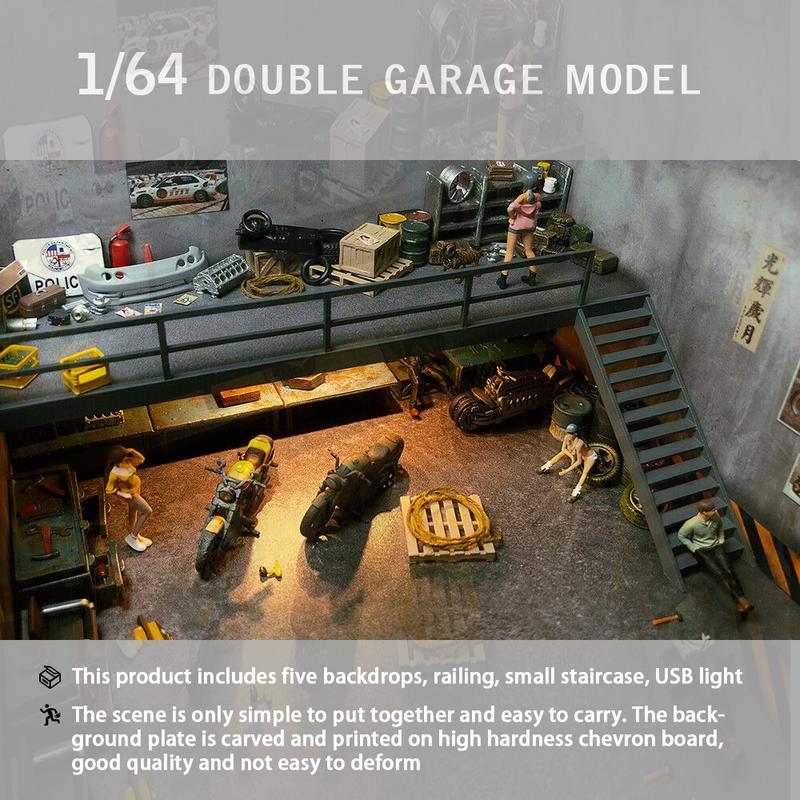 Diorama 1 64 Car Garage Model LED Lighting Double Decker Car Repair Workshop Model Parking Lot Backdrop Display Scene Model Collection Toy Gift