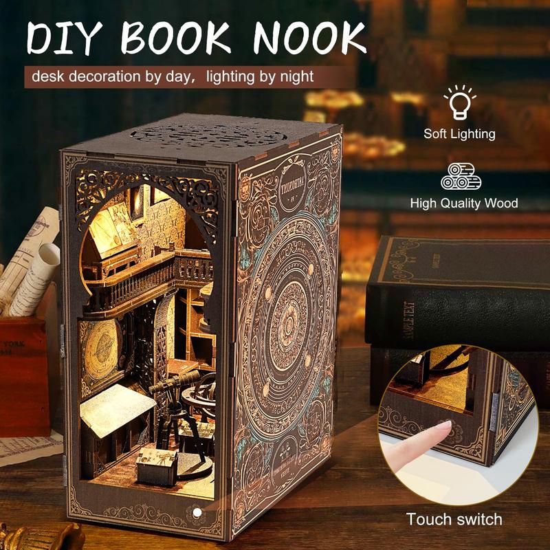 Simulation Astronomical Museum DIY Wooden Book Nook Kit with LED Light, 1 Set 3D Wooden Book Nook Kit, Suitable for Adults and Teens Gift