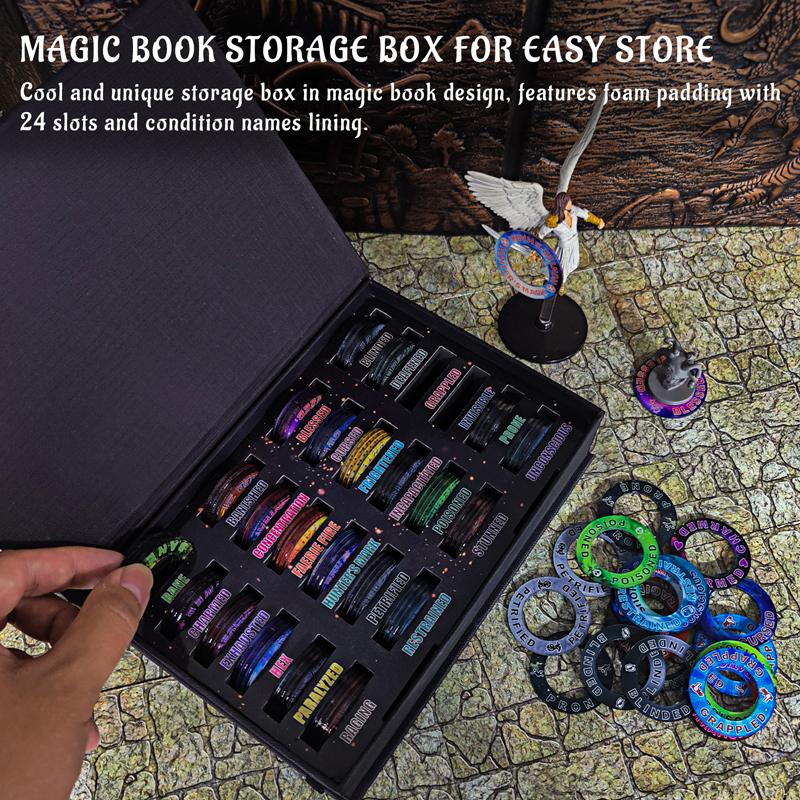 Upgraded DND Condition Rings 96 Status Effect Markers with Color Printing in 24 Conditions & Spells, and with Magic Book Storage Box Ideal Tabletop RPG Gift for DM or Player