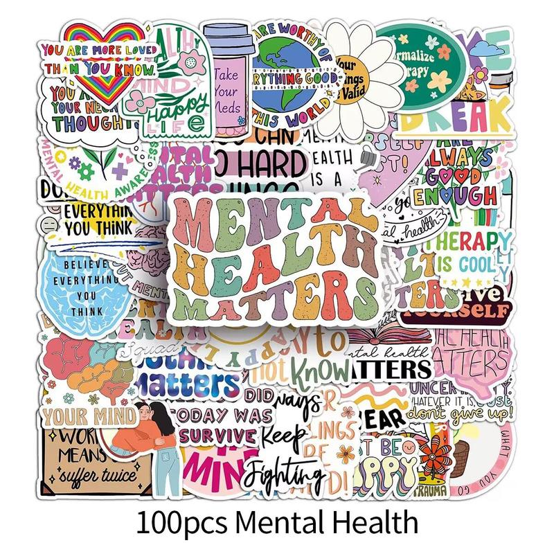 Mental Health Letter Pattern Sticker, 100 200pcs Waterproof Self Adhesive Decor Paper, Decor Sticker for Gift Greeting Card Water Bottle Laptop Phone Scrapbook, DIY Products, Christmas Gift