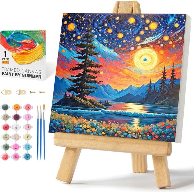 Framed Paint by Numbers Kit for Adults Beginners & Kids Ages 8-12, Starry Night Acrylic Easy Paint by Number with Frame, Watercolor Paint by Number Kits on Canvas Framed (10 * 10 Inch, without Easel)