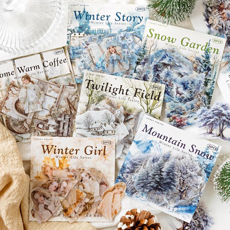 Vintage Scene Pattern Sticker, 30pcs pack Scrapbooking & Stamping Sticker, DIY Decorative Sticker for Scrapbooking & Journal Making, Christmas Gift