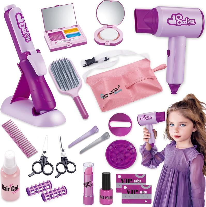 Christmas Hair Salon Toys for Girls, Pretend Play Kids Makeup Kit with Realistic Accessories, Blow Dryer, Curling Iron, Tool Bag and Styling Accessories