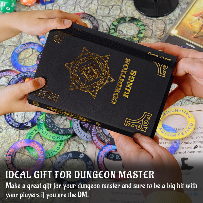 Upgraded DND Condition Rings 96 Status Effect Markers with Color Printing in 24 Conditions & Spells, and with Magic Book Storage Box Ideal Tabletop RPG Gift for DM or Player