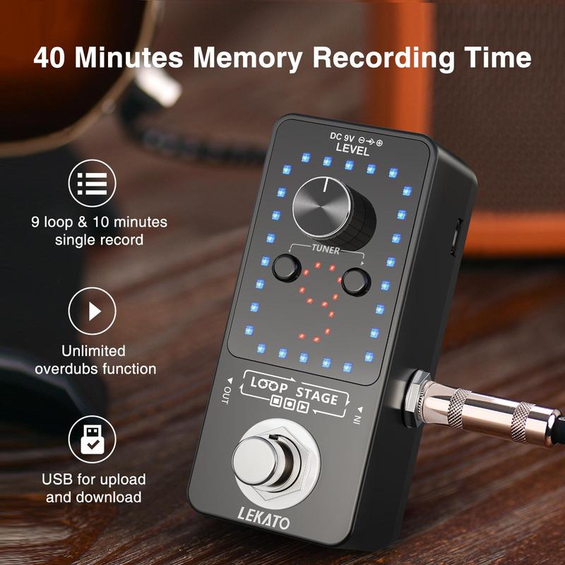 LEKATO Guitar 9 Loops Pedal, 40 Minutes Record Time Unlimited Overdubs, Guitar Looper, Guitar Tuner Pedal for Electric Guitar Bass