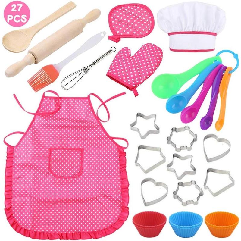 27pcs Kids Chef Set, Kids Baking Set with Apron Chef Hat Chef Costume Dress Up Chef Clothes for Girls Toys Gifts