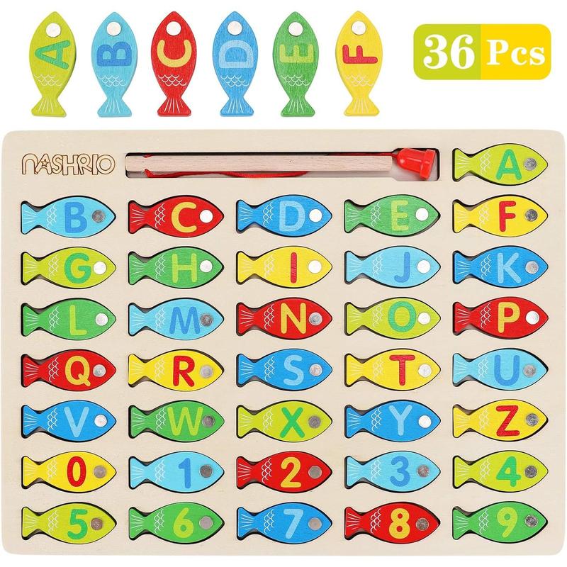 Magnetic Wooden Fishing Game Toy for Toddlers, Alphabet Fish Catching Counting Games Puzzle with Numbers and Letters, Preschool Learning ABC Math Educational Toys 3 4 5 Years Old Girl Boy Kids