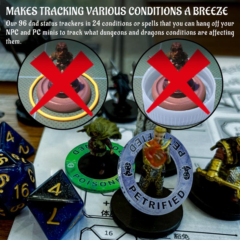 Upgraded DND Condition Rings 96 Status Effect Markers with Color Printing in 24 Conditions & Spells, and with Magic Book Storage Box Ideal Tabletop RPG Gift for DM or Player