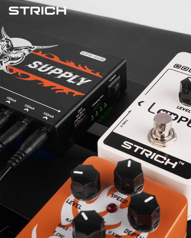 STRICH Rechargeable Guitar Pedal Power Supply, 10000mAh, 10 Outputs DC 9V (2x300mA, 8x100mA), 5V 1A USB Port, Noiseless SPS-40B.