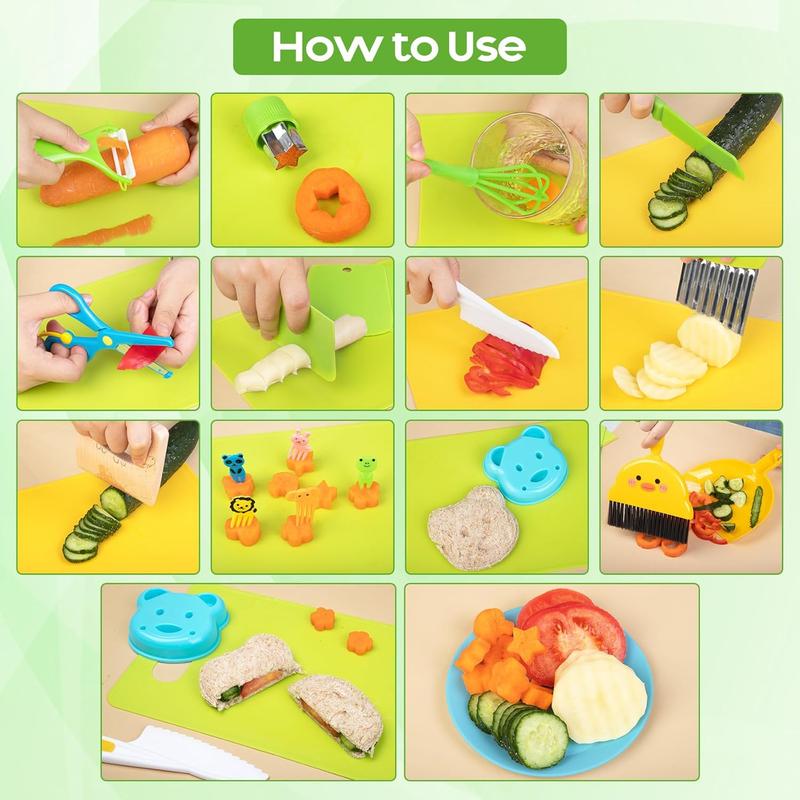 Kids Knife Set for Real Cooking, Montessori Kitchen Tools for Toddlers, Plastic Safe Cooking Utensils, Cutting Board Dinosaur Wooden Knife Fruit Sandwich Peeler Molds with Knives Crinkle Cutter