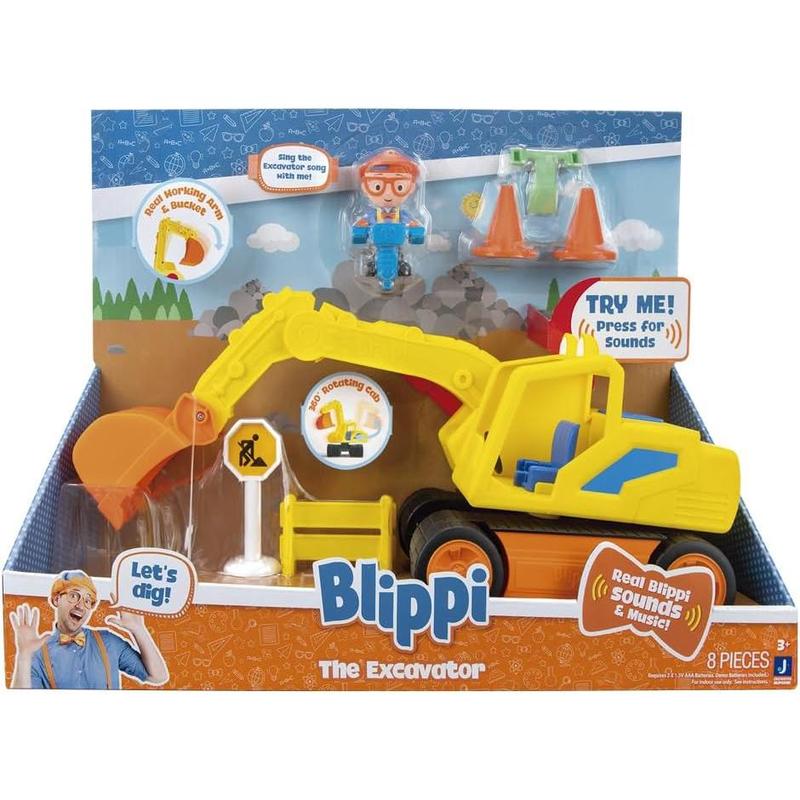 Blippi Excavator - Fun Freewheeling Vehicle with Features Including 3 Construction Worker, Sounds and Phrases - Educational Vehicles for Toddlers and Young Kids, Yellow, Multicolor, Pack 1