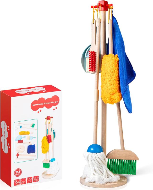 Wooden Kids Cleaning Set, 8 Pieces Montessori Cleaning Toys with Kids Broom and Mop, Housework Pretend Play Toy, Christmas Gift for Boys Girls