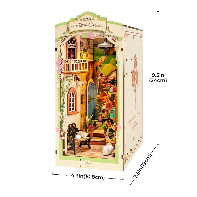 Rolife Floral Corner DIY Book Nook Shelf Insert Kit DIY Miniature House Kit with Dustproof Sheet Booknook Bookshelf Insert Decor 3D Wooden Bookend lead light handmade diy