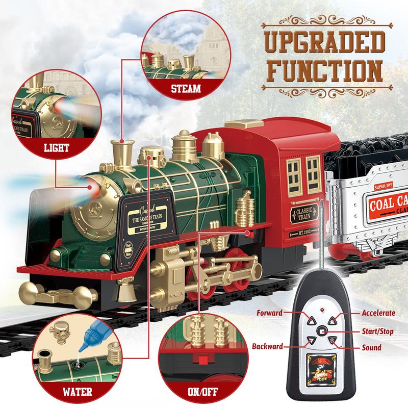 Christmas Electric Train Set w Steam, Sound & Light, Remote Control Train Toys w Steam Locomotive Engine,Toy Train for Kids Boys 3+ Year Old