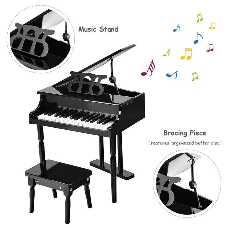 [ShopTab] Festival Joy 30-Key Classical Kids Piano, Mini Grand Piano Wooden Learn-to-Play Musical Instrument Toy with Bench, Piano Lid, Music Rack