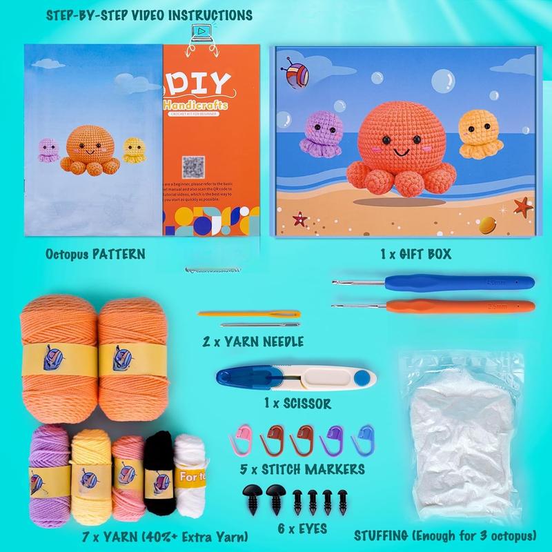 Crochet Kit for Beginners, Amigurumi Crocheting  Kits w Step-by-Step Video Tutorials, Knitting Starter Pack for Adults and ,  3 Nestable Octopus Familly (40%+ Yarn Content)