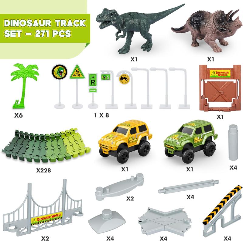 Dinosaur Tracks, 271 count Create A Dinosaur World Road Race for Kids Boys Toys Flexible Train Tracks Set with 2 Cool Race Cars and 2 Dinosaur Toys for Age 3 4 5 6 7 8 Year & Up Old Boy Girls Best Gift