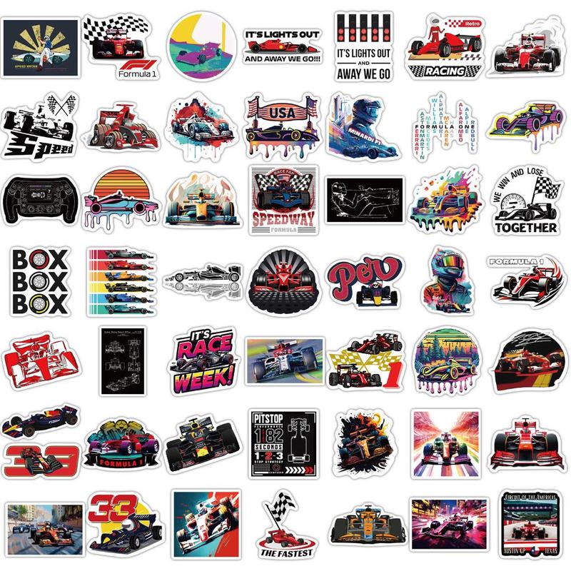 Formula Race Car Pattern Sticker, 50pcs set Self Adhesive Decorative Sticker, DIY Decals for Water Bottle & Laptop & Scrapbook & Journal Making