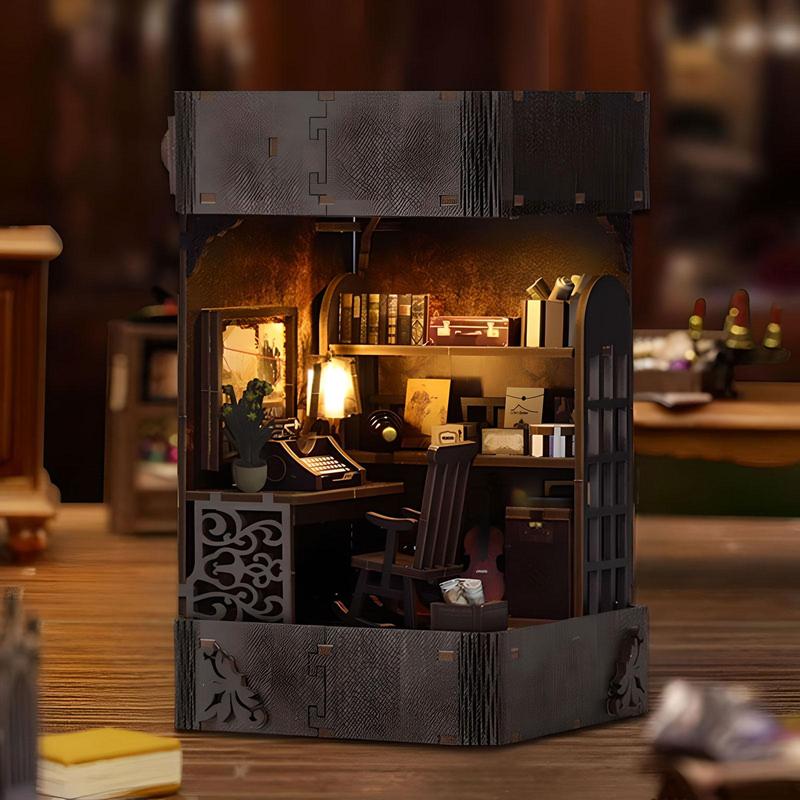 Handmade DIY Book Corner Cabin Set, Miniature Detective Society Puzzle Bookstand, 3D Wooden Bookshelf Decoration, LED Mini House Model Without Glue & AAA Battery, Stocking Fillers Gift