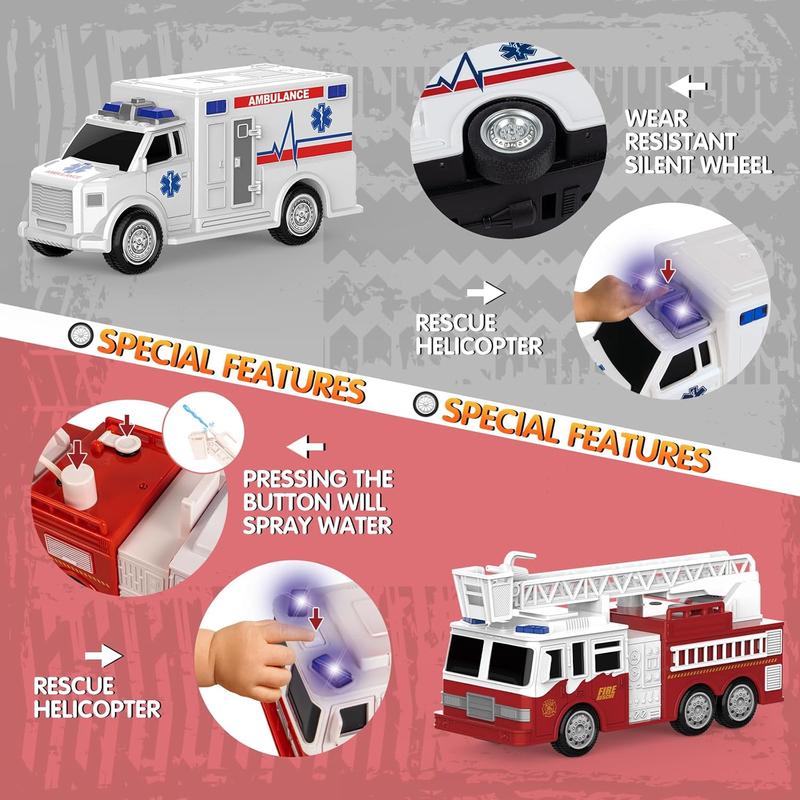 4 Packs Emergency Vehicle Toys with Lights and Siren Sound,Including Fire Truck, Ambulance Toy, Play Police Car and Toy Helicopter,Friction Powered Car Toys for Toddler Boys 3 4 5 6 Years Old