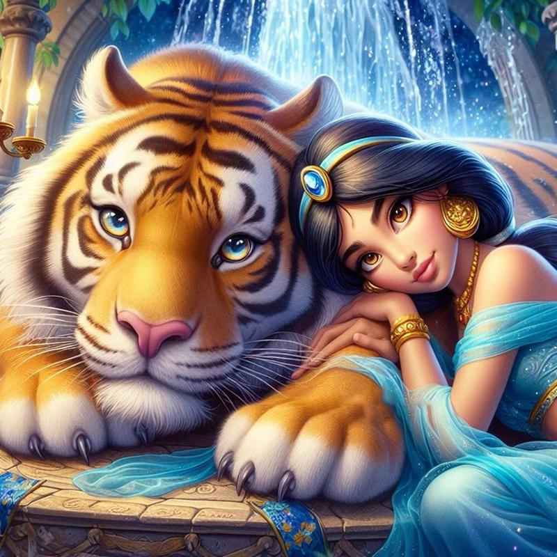 Princess & Tiger Pattern DIY Diamond Arts Colorful Painting Kit without Frame, 5D Diamond Arts Colorful Painting Kit, Wall Art Decor for Home