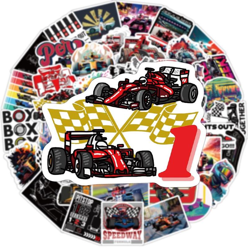 Formula Race Car Pattern Sticker, 50pcs set Self Adhesive Decorative Sticker, DIY Decals for Water Bottle & Laptop & Scrapbook & Journal Making