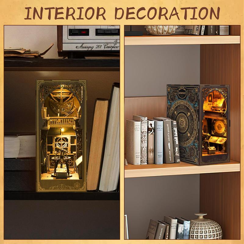 Simulation Astronomical Museum DIY Wooden Book Nook Kit with LED Light, 1 Set 3D Wooden Book Nook Kit, Suitable for Adults and Teens Gift