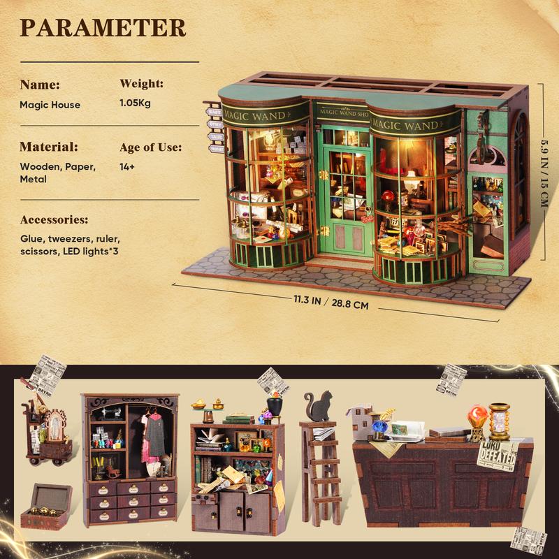 TOKMOC DIY Magic House Miniature Dollhouse Book Nook Kit, 3D Wooden Puzzle Mini House Booknook Bookend,Bookshelf Decor with Lighting, Magic Wand Shop Model,Christmas Birthday Gifts For aged 12 and above,Stress relief toy