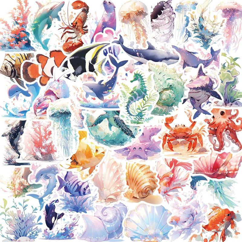 50pcs Cartoon Marine Animal Series Graffiti Stickers, Waterproof Decorative Stickers, DIY Creative Toy Home Decor Stickers