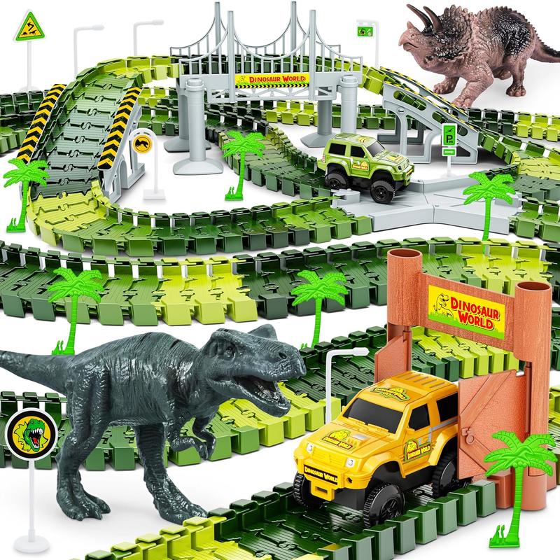 Dinosaur Tracks, 271 count Create A Dinosaur World Road Race for Kids Boys Toys Flexible Train Tracks Set with 2 Cool Race Cars and 2 Dinosaur Toys for Age 3 4 5 6 7 8 Year & Up Old Boy Girls Best Gift