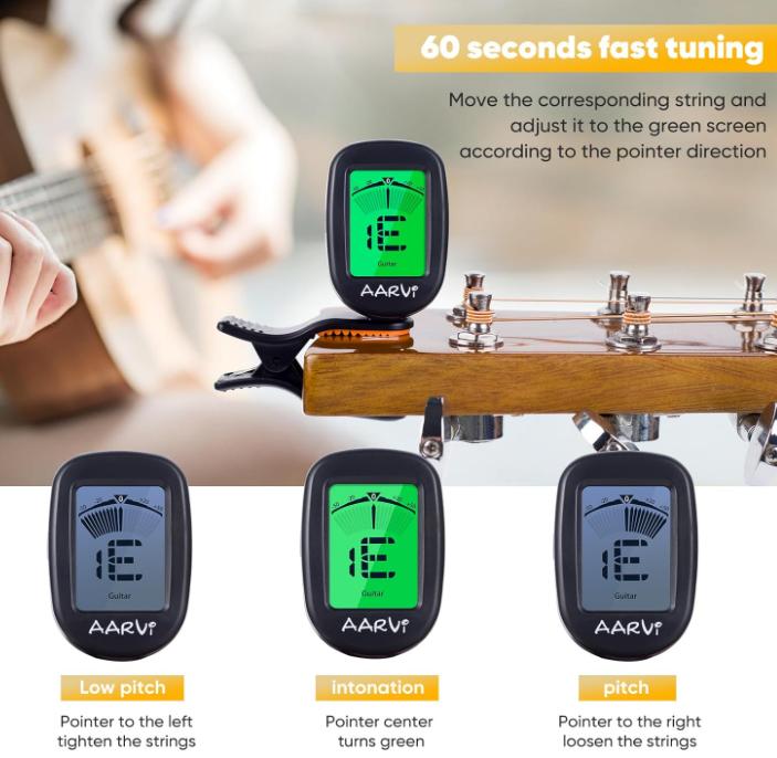 Clip On Guitar Tuner for All Instruments, Acoustic Electric Guitar, Ukulele, Bass, Violin, Banjo, Large Clear LCD Display for Guitar Tuning, Chromatic Tuner, 4 Pack Guitar Picks Included