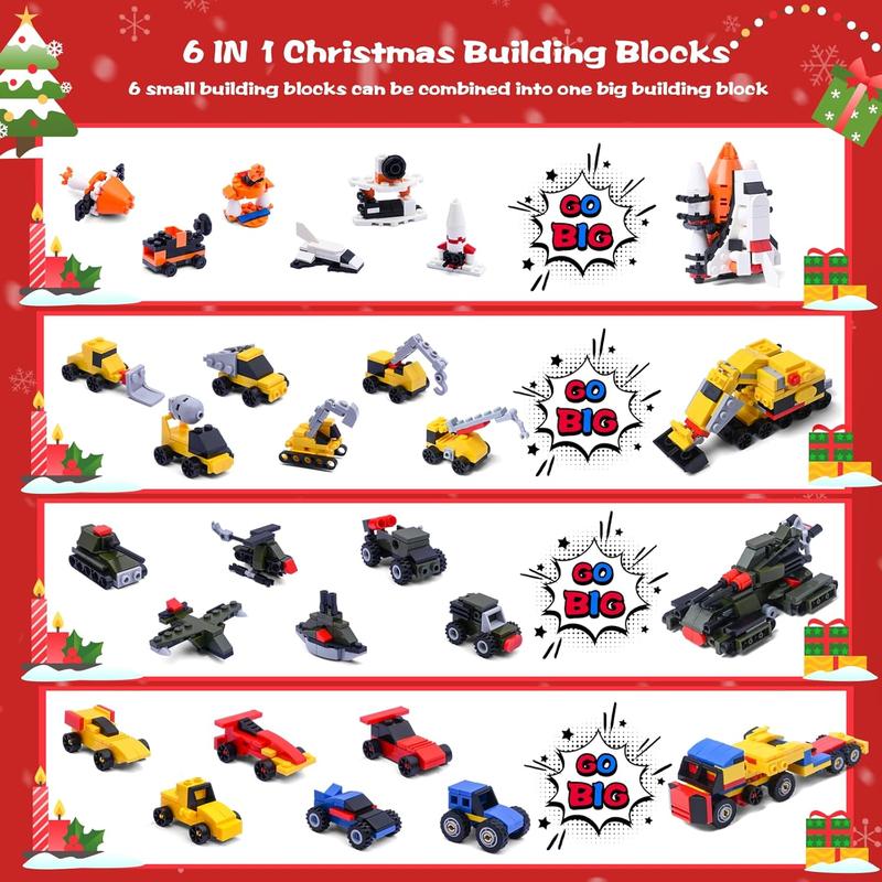 Christmas gift Advent Calendar 2024 – 24 Days Countdown with 6-in-1 Building Blocks for Trucks, Space, Military, Racing Cars & More – Holiday Gifts