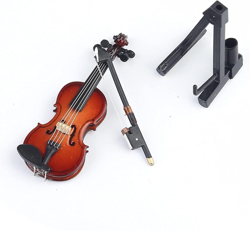 Wooden Miniature Violin with Stand Bow and Case Mini Musical Instrument Miniature Dollhouse Model Home Decoration (3.15