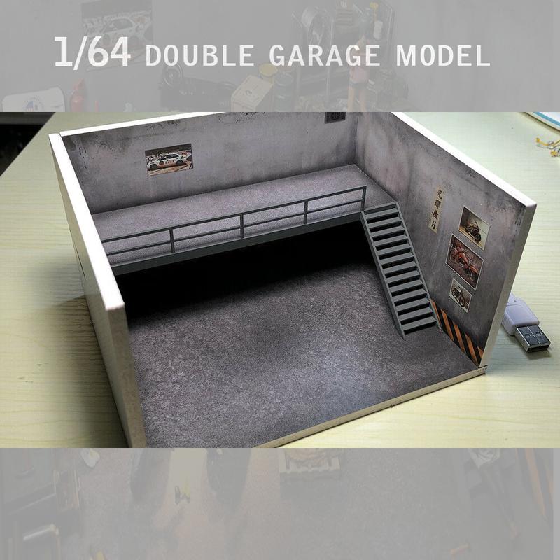 Diorama 1 64 Car Garage Model LED Lighting Double Decker Car Repair Workshop Model Parking Lot Backdrop Display Scene Model Collection Toy Gift