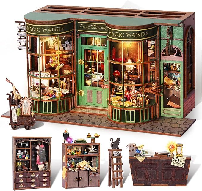 TOKMOC DIY Magic House Miniature Dollhouse Book Nook Kit, 3D Wooden Puzzle Mini House Booknook Bookend,Bookshelf Decor with Lighting, Magic Wand Shop Model,Christmas Birthday Gifts For aged 12 and above,Stress relief toy