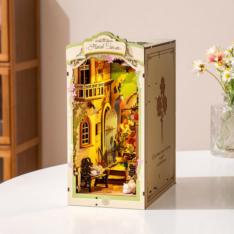 Rolife Floral Corner DIY Book Nook Shelf Insert Kit DIY Miniature House Kit with Dustproof Sheet Booknook Bookshelf Insert Decor 3D Wooden Bookend lead light handmade diy