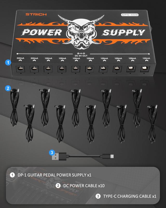 STRICH Rechargeable Guitar Pedal Power Supply, 10000mAh, 10 Outputs DC 9V (2x300mA, 8x100mA), 5V 1A USB Port, Noiseless SPS-40B.