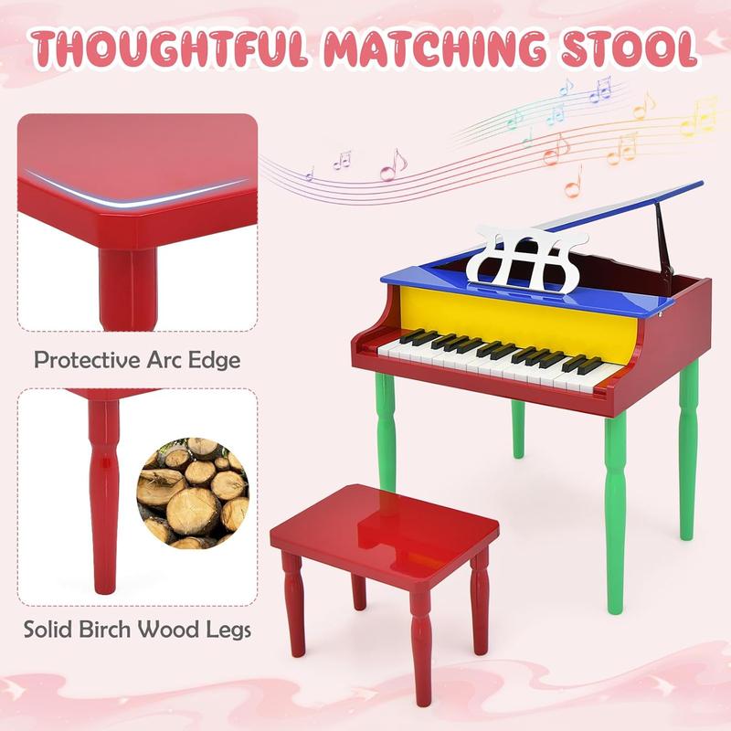 [ShopTab] Festival Joy 30-Key Classical Kids Piano, Mini Grand Piano Wooden Learn-to-Play Musical Instrument Toy with Bench, Piano Lid, Music Rack