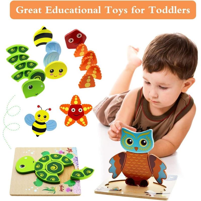 Montessori Toys for 1 2 3 Year Old Boys Girls Wooden Toddler Puzzles Kids Infant Baby Educational Learning Toys for Toddlers 1-3 Gifts 6 Animal Shape Jigsaw Eco Friendly Travel STEM Building Toy Games